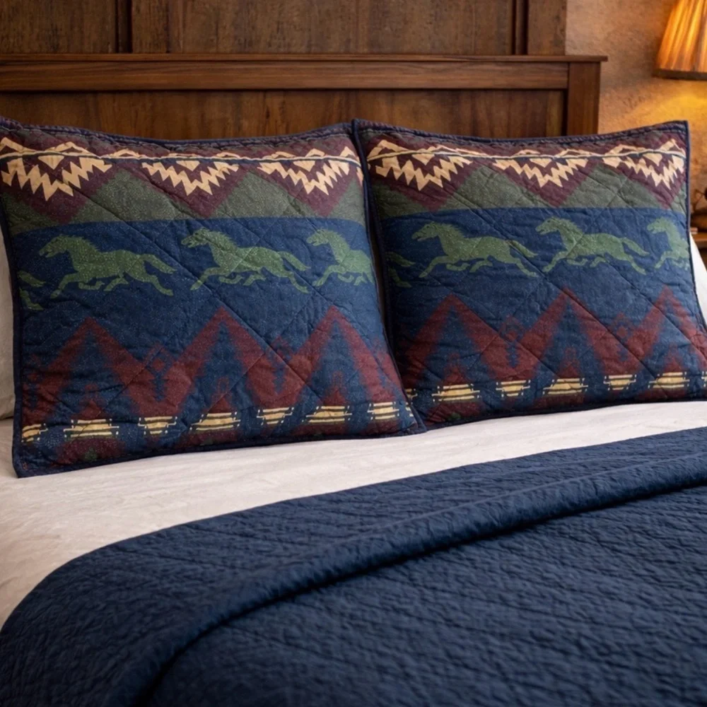 JCPenney Set of 2 NEW Pillow Shams Standard Aztec Horses Tribal Poly Cotton VTG